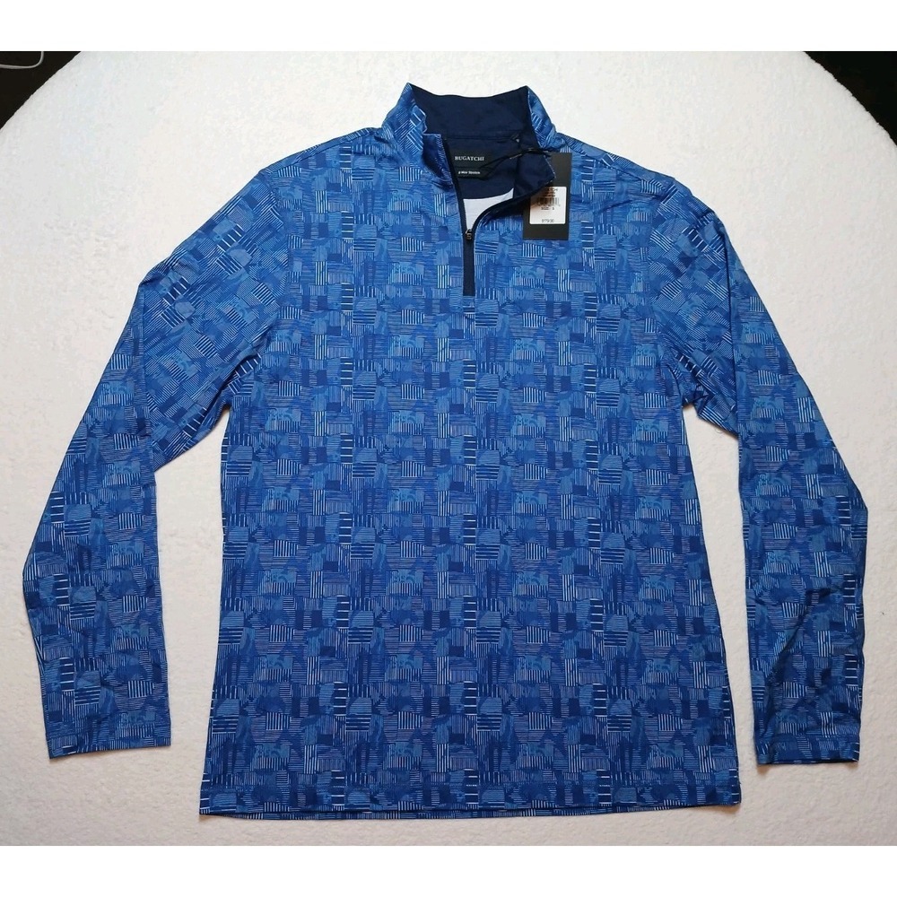BUGATCHI Men's Quarter Zip Performance Knit Pullover Shirt Blue Geometric S NWT